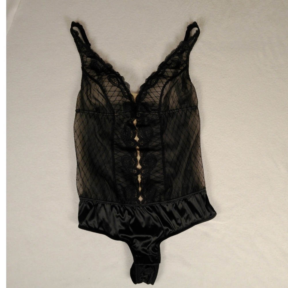 NWT Blush Allure Noire Teddy Black Mesh Lace Front Button Bodysuit‎ M